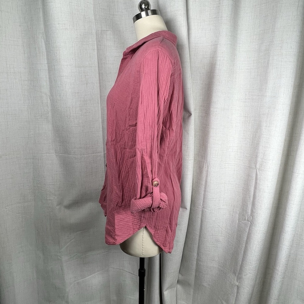 COMO VINTAGE Gauzy Roll-Tab Sleeve Button Up Tunic Top Textured Rose Pink‎ XL - Picture 4 of 11